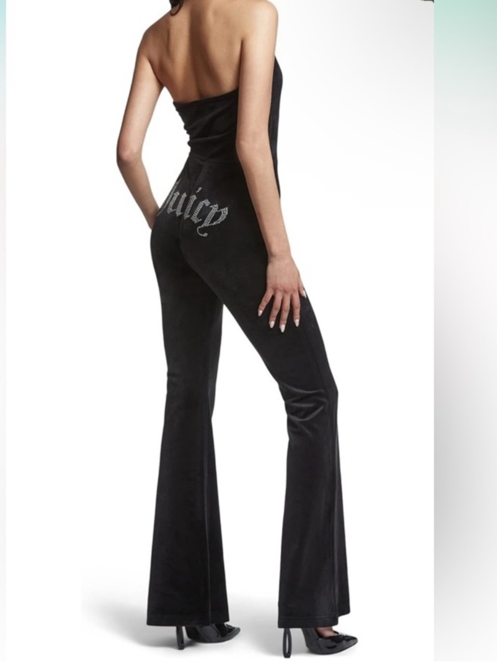 Juicy Couture Black Strapless Velour Flare Jumpsuit with Rhinestone Logo